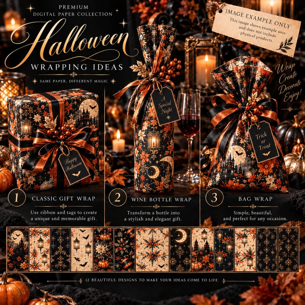 ハロウィン デジタルペーパー / ゴージャス / ラッピングペーパー / ブラック・オレンジ・ゴールド・シルバー / 12×12インチ / JPG / 12デ ザイン