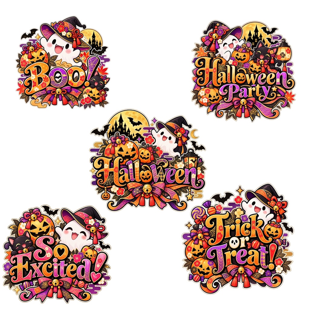 和風 ハロウィン デジタルステッカー PNG / かわいい30枚セット / おばけ・かぼちゃ・魔女 / 手帳デコ