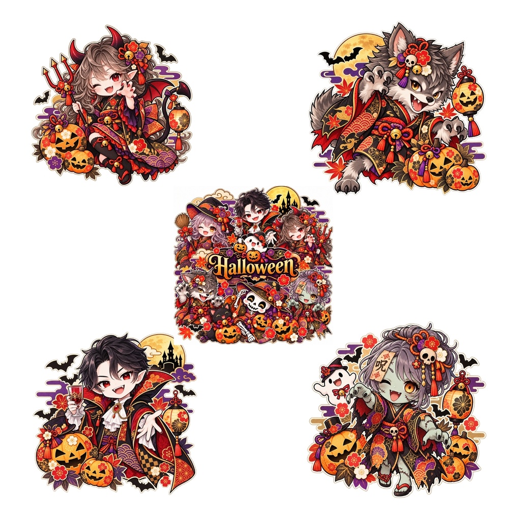 和風 ハロウィン デジタルステッカー PNG / かわいい30枚セット / おばけ・かぼちゃ・魔女 / 手帳デコ