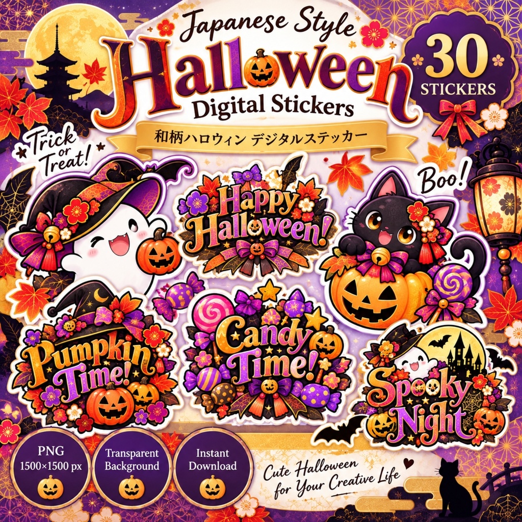 和風 ハロウィン デジタルステッカー PNG / かわいい30枚セット / おばけ・かぼちゃ・魔女 / 手帳デコ