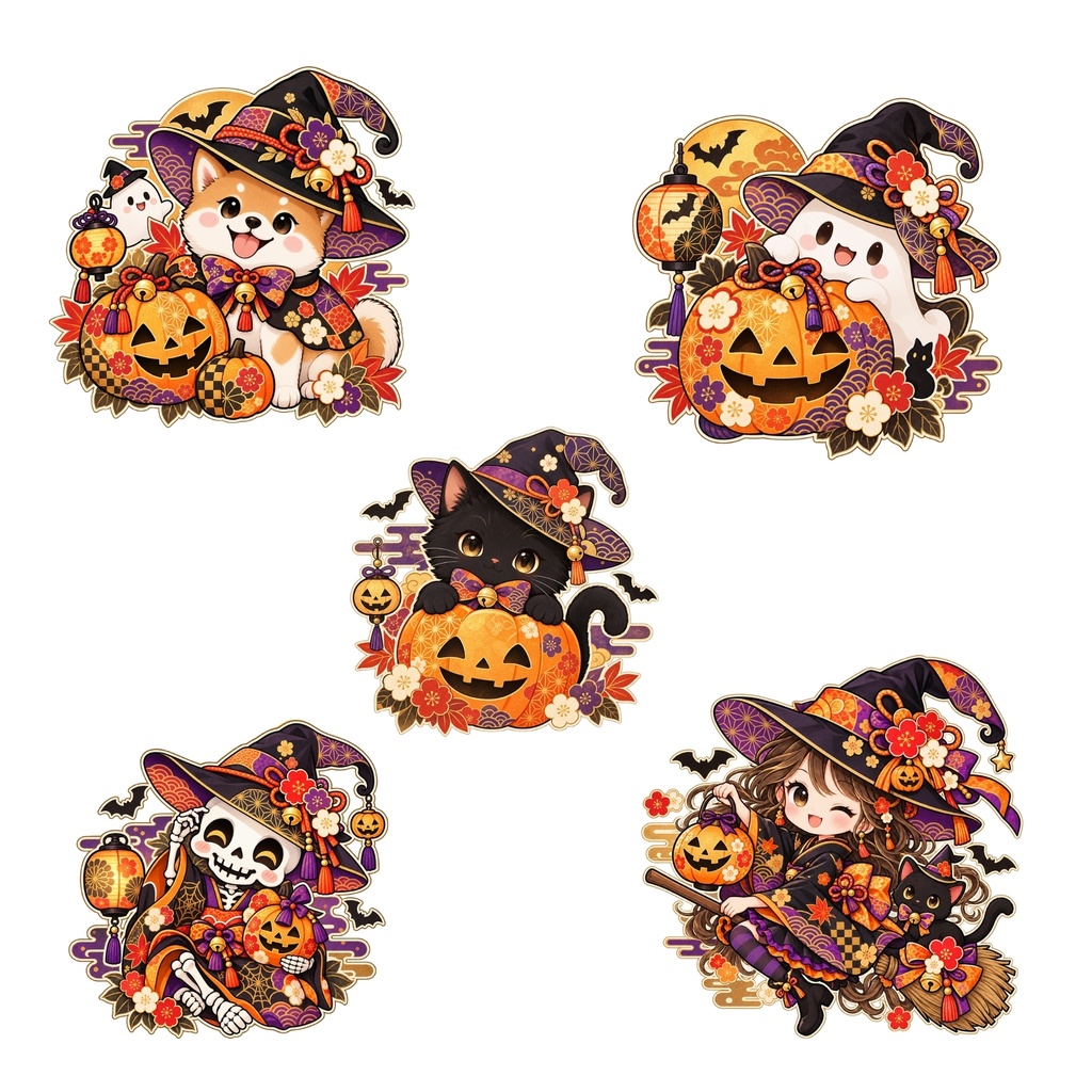 和風 ハロウィン デジタルステッカー PNG / かわいい30枚セット / おばけ・かぼちゃ・魔女 / 手帳デコ