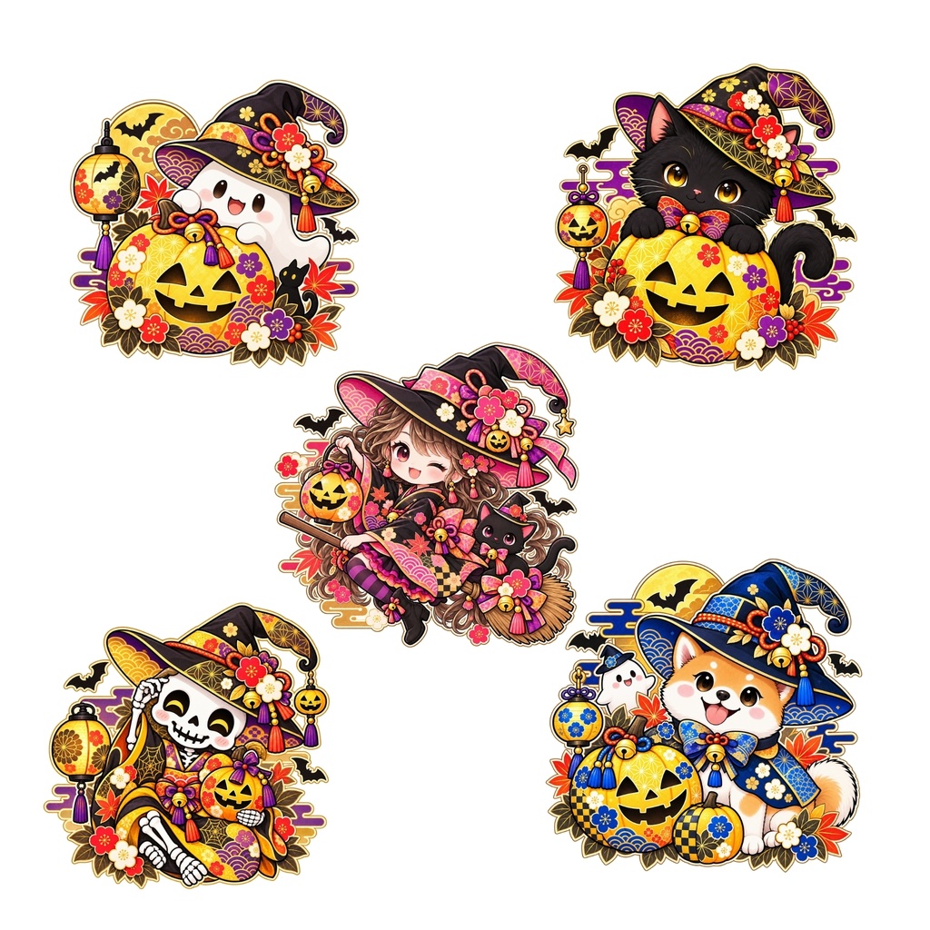 和風 ハロウィン デジタルステッカー PNG / かわいい30枚セット / おばけ・かぼちゃ・魔女 / 手帳デコ