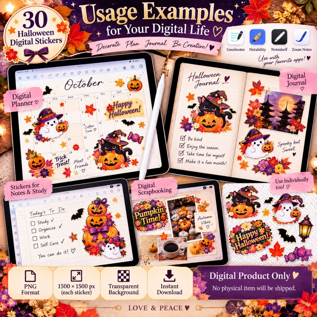 和風 ハロウィン デジタルステッカー PNG / かわいい30枚セット / おばけ・かぼちゃ・魔女 / 手帳デコ