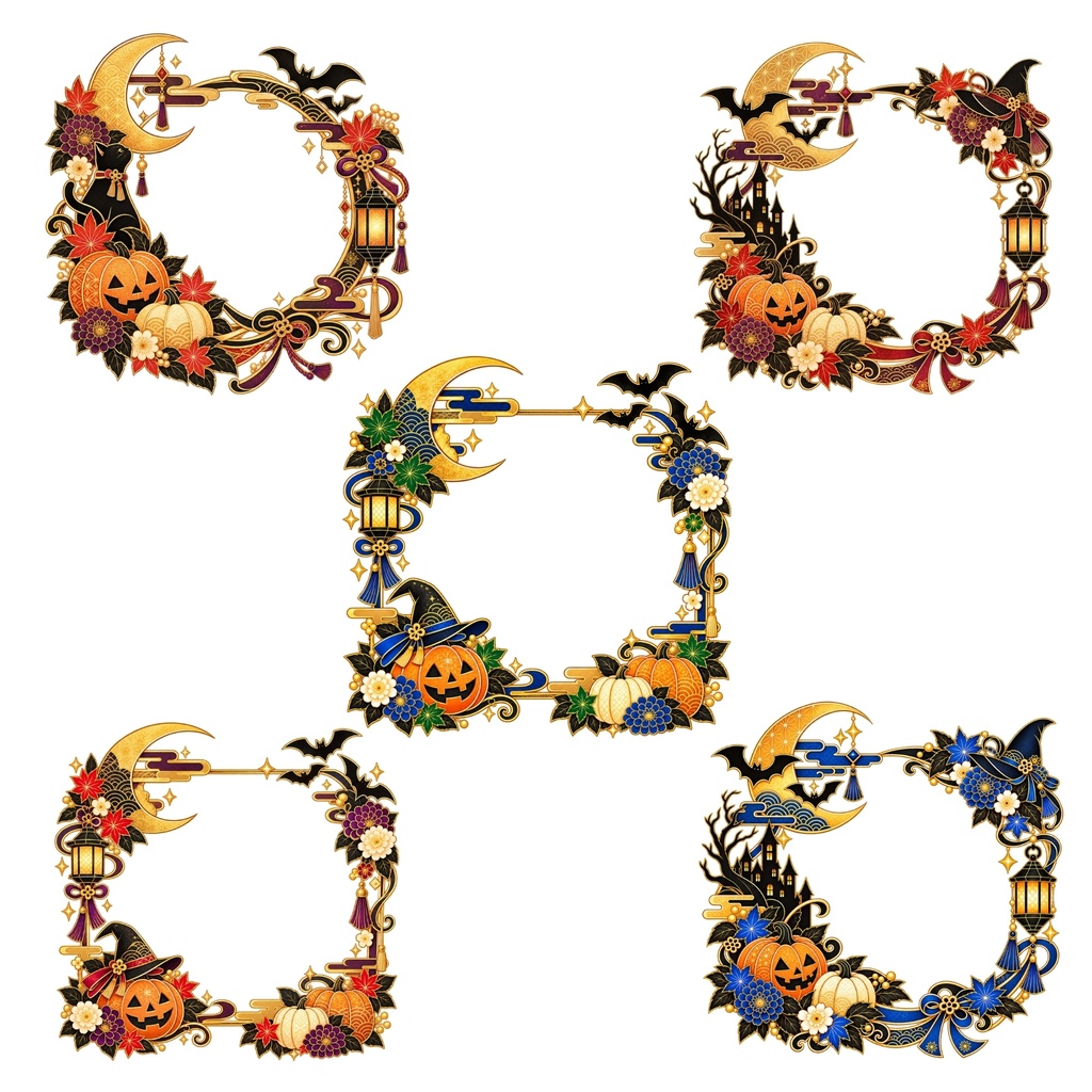 和風 ハロウィン デジタルステッカー セット / おばけ・かぼちゃ・黒 猫・魔女 / 背景透過 / PNG