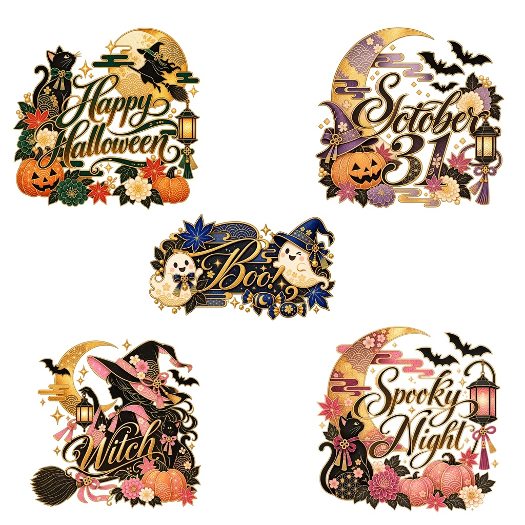 和風 ハロウィン デジタルステッカー セット / おばけ・かぼちゃ・黒 猫・魔女 / 背景透過 / PNG
