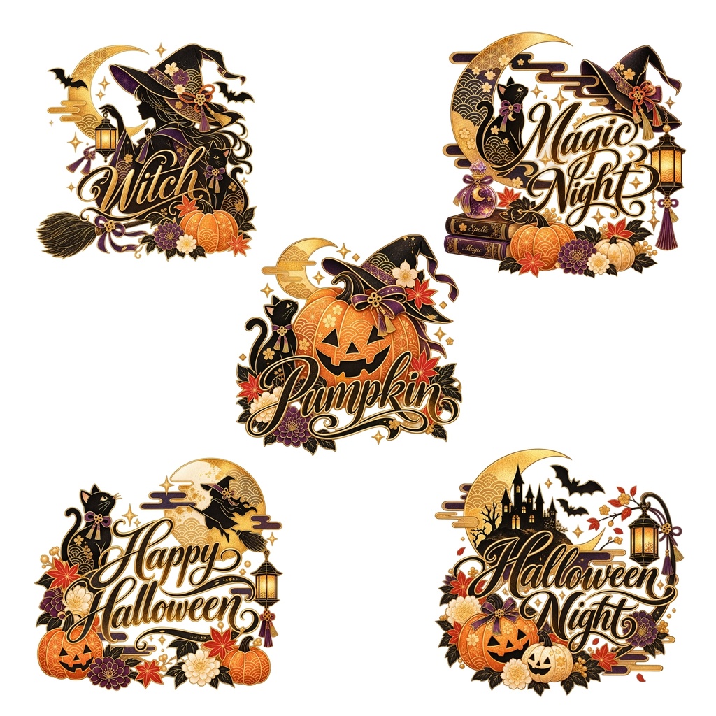 和風 ハロウィン デジタルステッカー セット / おばけ・かぼちゃ・黒 猫・魔女 / 背景透過 / PNG