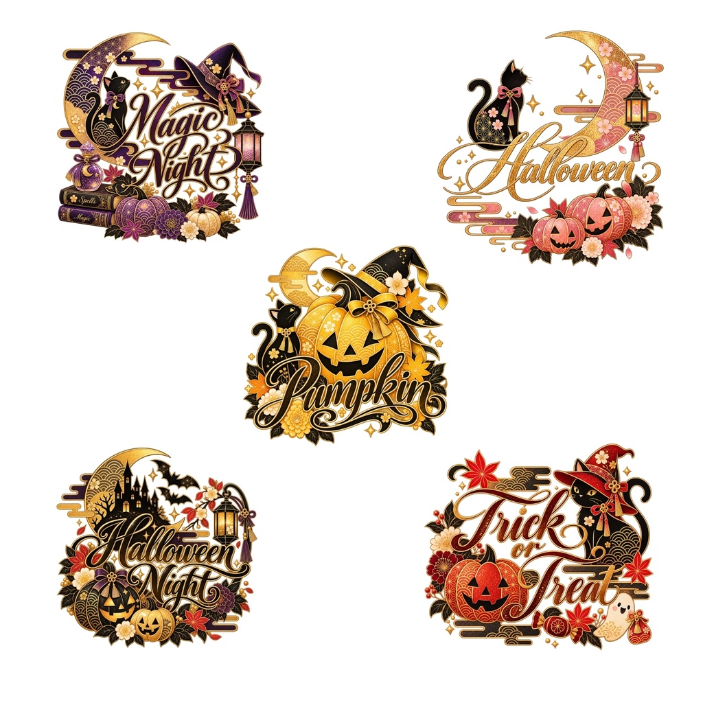 和風 ハロウィン デジタルステッカー セット / おばけ・かぼちゃ・黒 猫・魔女 / 背景透過 / PNG