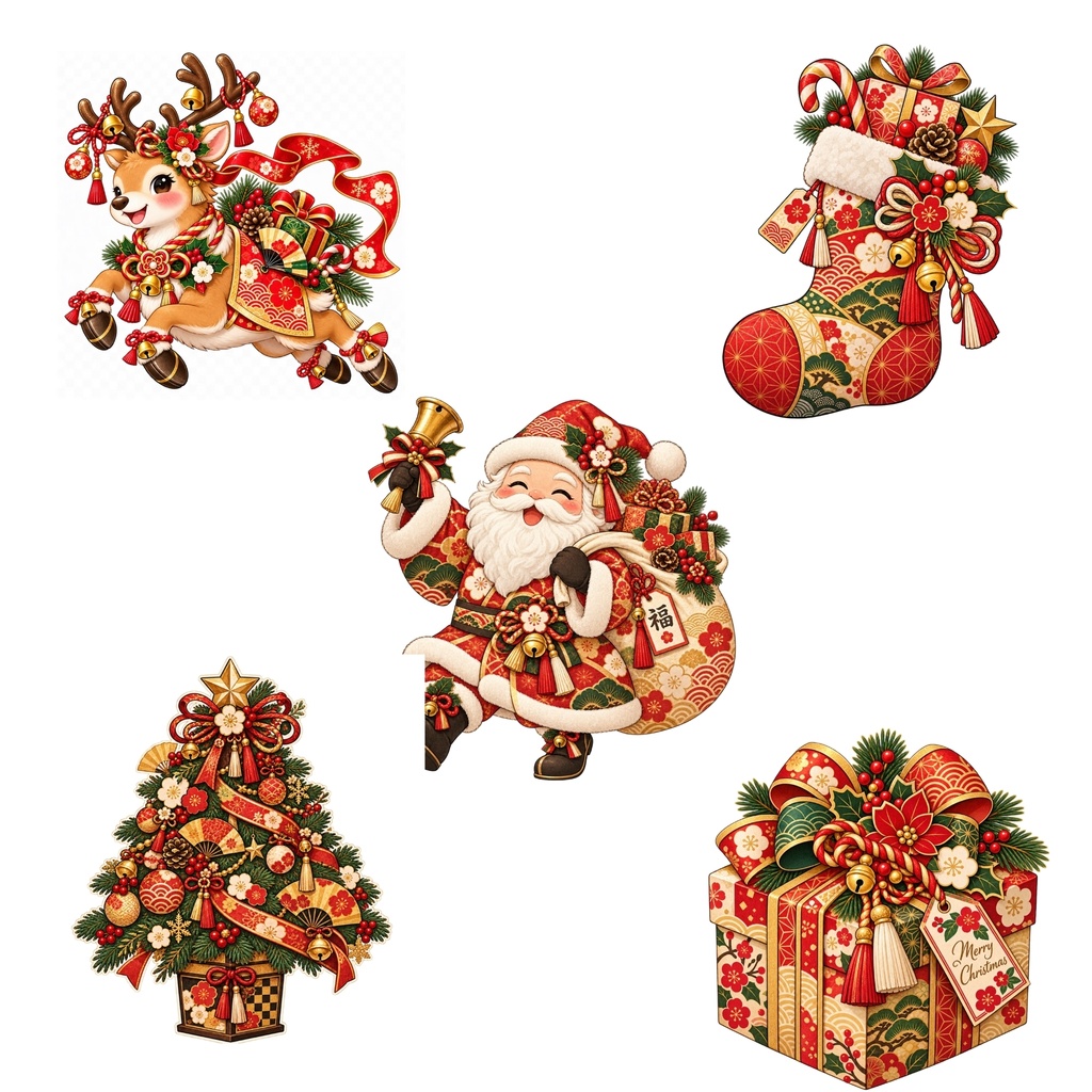 和風クリスマス デジタルステッカー 30枚 / かわいいサ ンタ&トナカイ / PNG / 背景透過🎅🎄