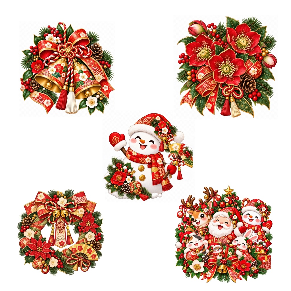 和風クリスマス デジタルステッカー 30枚 / かわいいサ ンタ&トナカイ / PNG / 背景透過🎅🎄