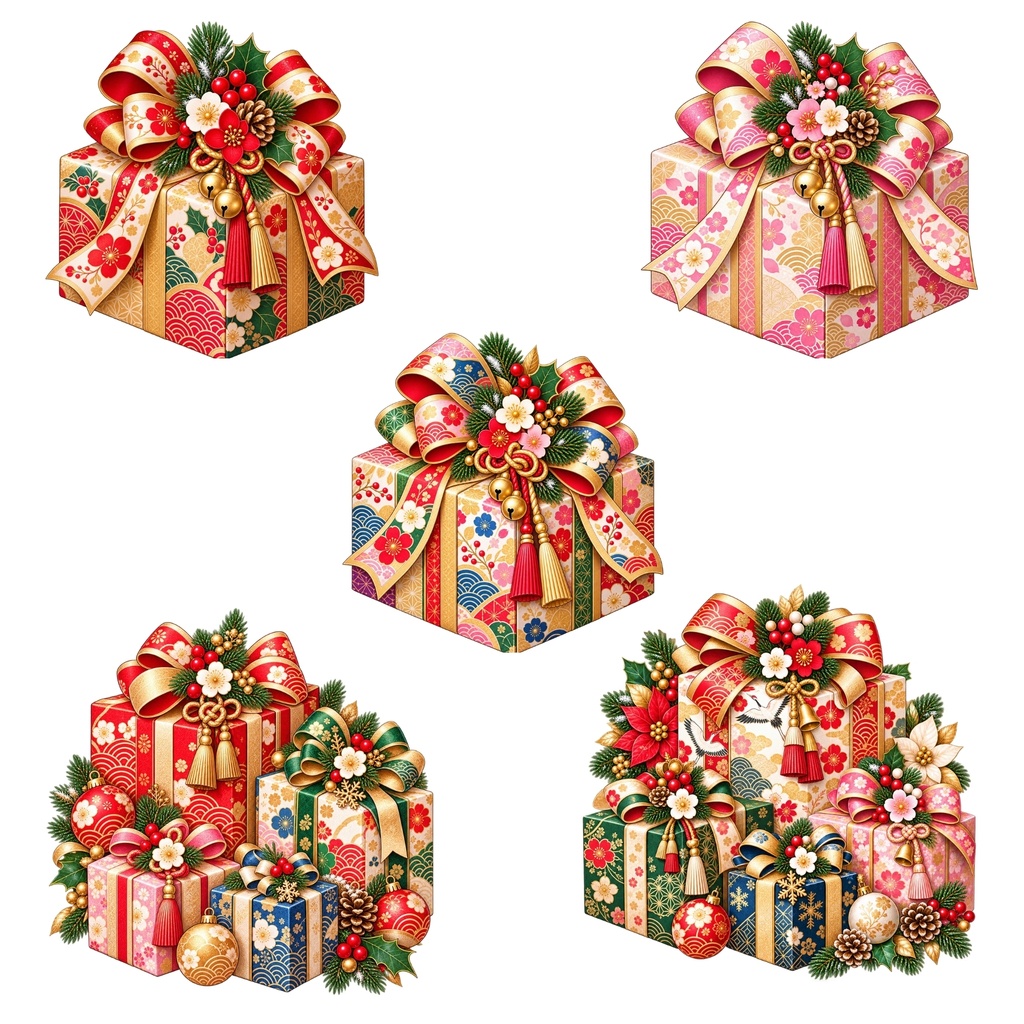 和風 クリスマス デジタルステッカー30枚 / サンタ・トナカイ・リース・ツリー / 背景透過 / PNG / 手帳・デコ素材