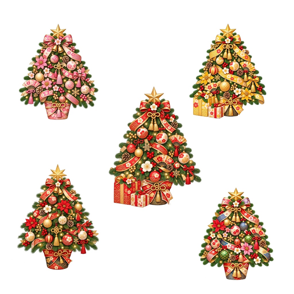 和風 クリスマス デジタルステッカー30枚 / サンタ・トナカイ・リース・ツリー / 背景透過 / PNG / 手帳・デコ素材