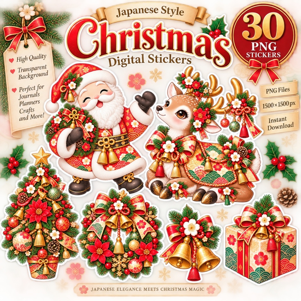 和風 クリスマス デジタルステッカー30枚 / サンタ・トナカイ・リース・ツリー / 背景透過 / PNG / 手帳・デコ素材