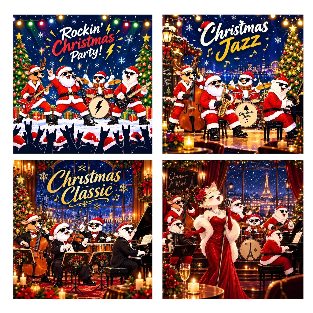 クリスマス デジタルペーパー セット、音楽をテーマにしたクリスマス・スクラップブック・ペ ーパー、ロック / ジャズ / クラシック / シャ ンソン、デジタル ステッカー、インスタント ダウンロード、JPG