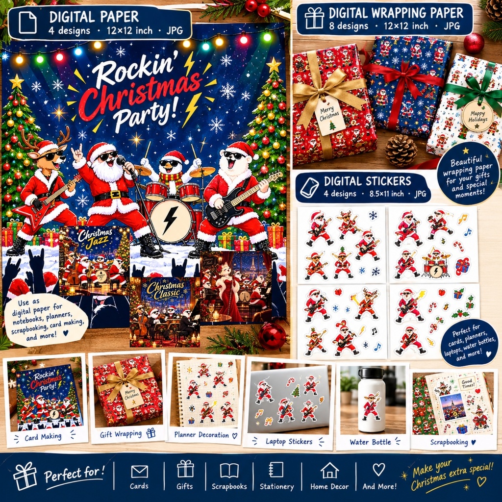 クリスマス デジタルペーパー セット、音楽をテーマにしたクリスマス・スクラップブック・ペ ーパー、ロック / ジャズ / クラシック / シャ ンソン、デジタル ステッカー、インスタント ダウンロード、JPG
