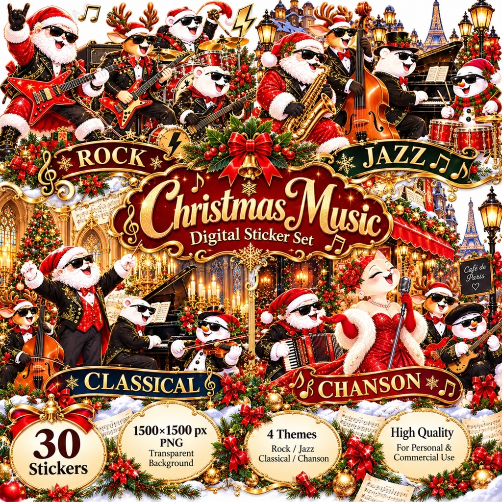 クリスマス音楽隊🎄 デジタルステッカー30枚／ロ ック・ジャズ・クラシック・シャンソン／背景透過・PNG