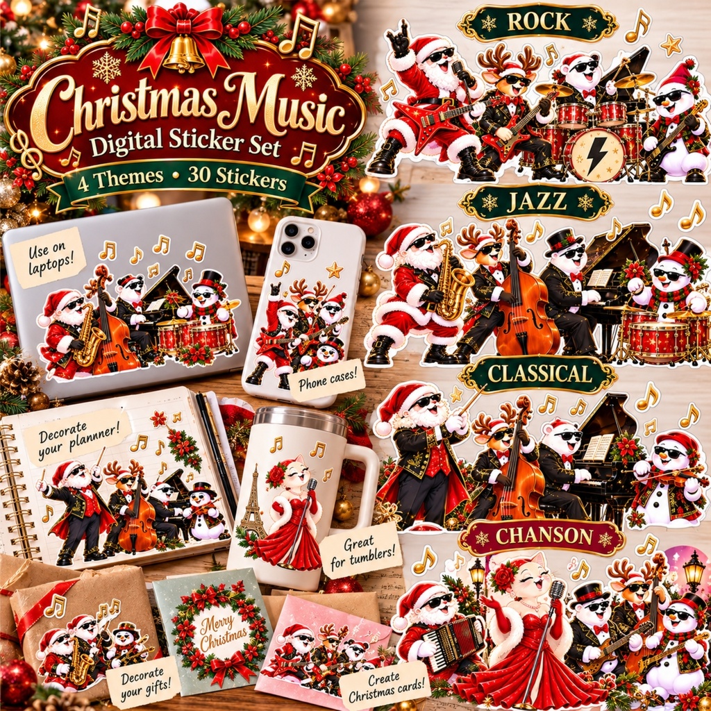 クリスマス音楽隊🎄 デジタルステッカー30枚/ロ ック・ジャズ・クラシック・シャンソン/背景透過・PNG