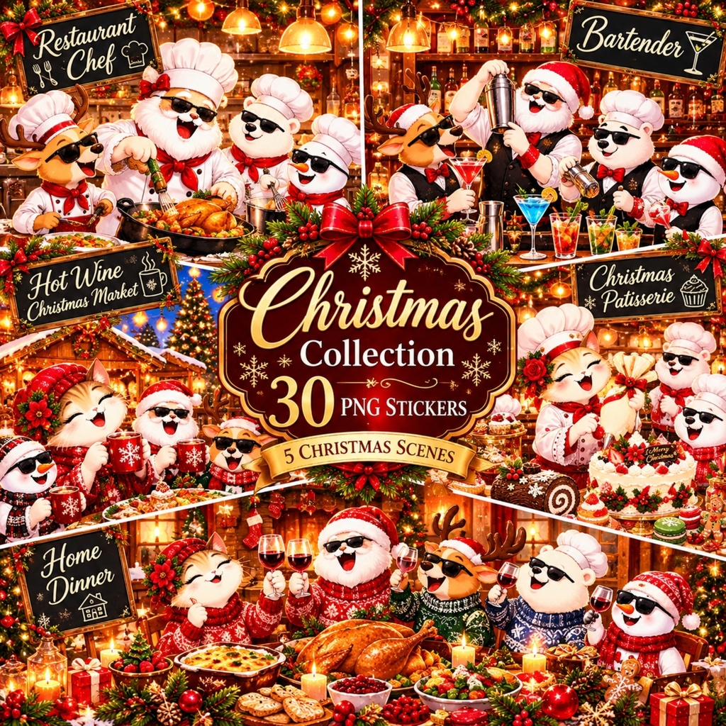 クリスマス PNG ステッカーセット / デジタルステッカ ー30枚 / かわいいクリスマスキャラクター / ホリデー フード素材 / デジタルダウンロード