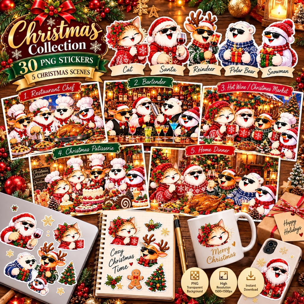 クリスマス PNG ステッカーセット / デジタルステッカ ー30枚 / かわいいクリスマスキャラクター / ホリデー フード素材 / デジタルダウンロード