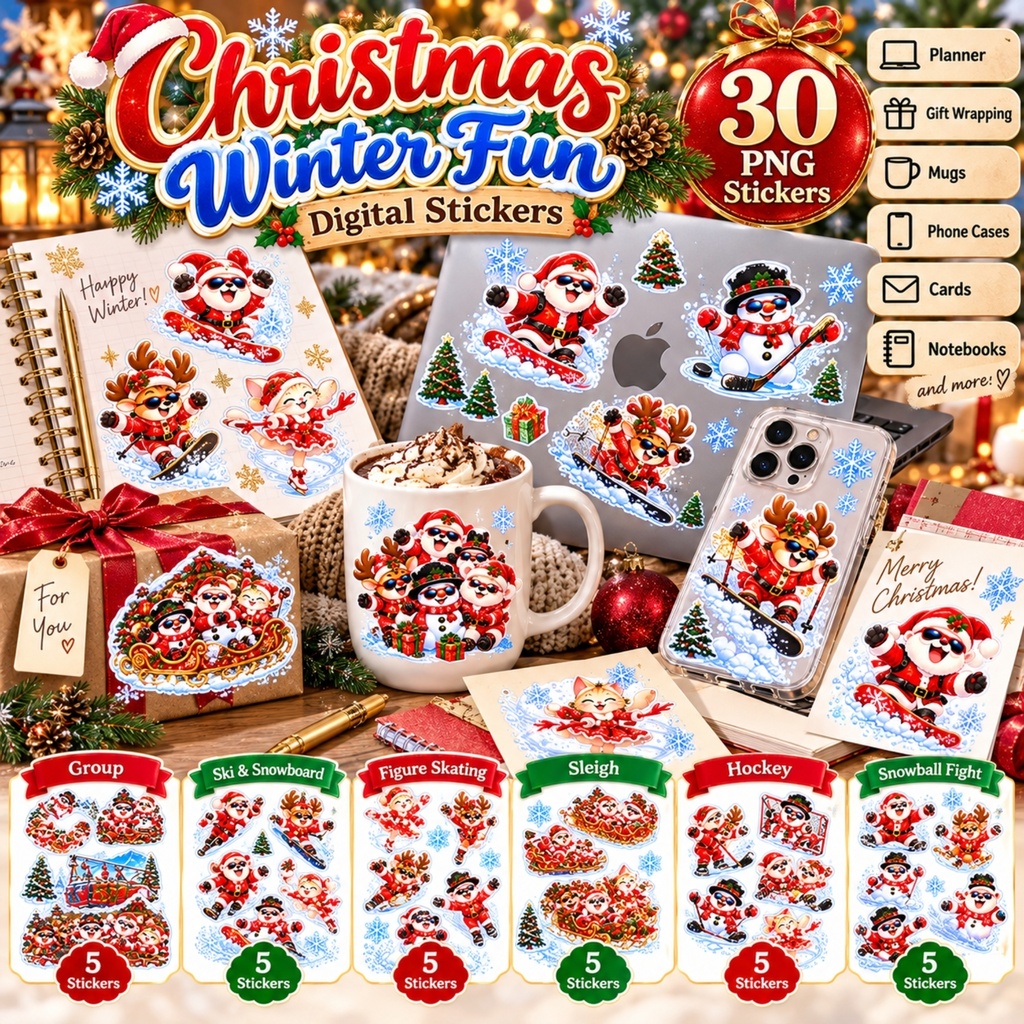 クリスマスのウィンタースポーツ / デジタル ステッカー 30枚セット / 背景透過、PNG、手帳・コラージュ素材