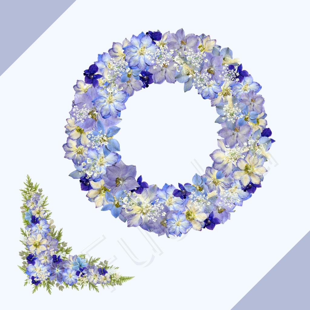 【押し花PNG素材】ブルー系25点+リース+コーナー|創作・同人・表紙に使える透過セット