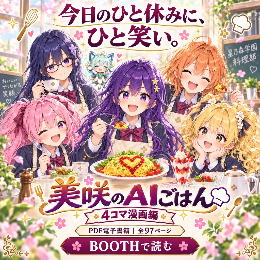 【全97ページ・フルカラーPDF】美咲のAIごはん 4コマ漫画編|料理部の日常と童話パロディ