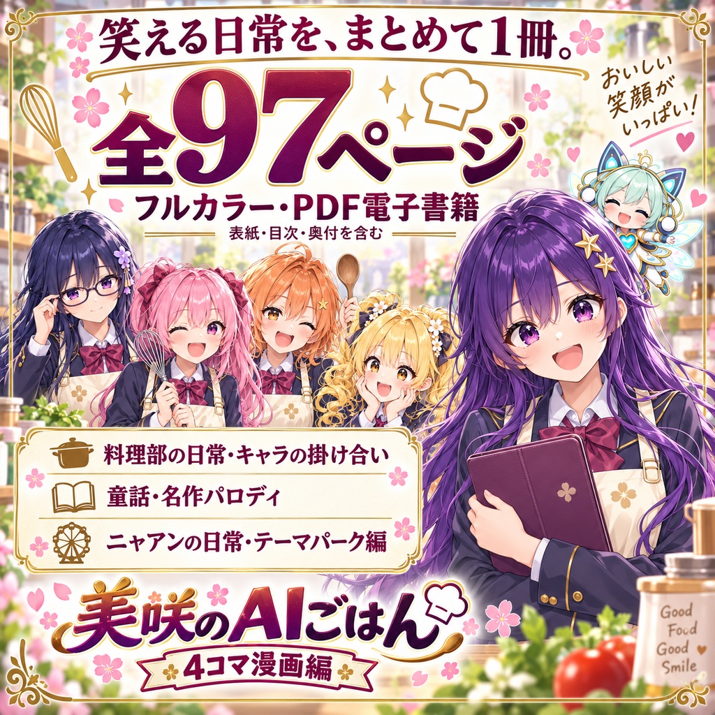 【全97ページ・フルカラーPDF】美咲のAIごはん 4コマ漫画編|料理部の日常と童話パロディ