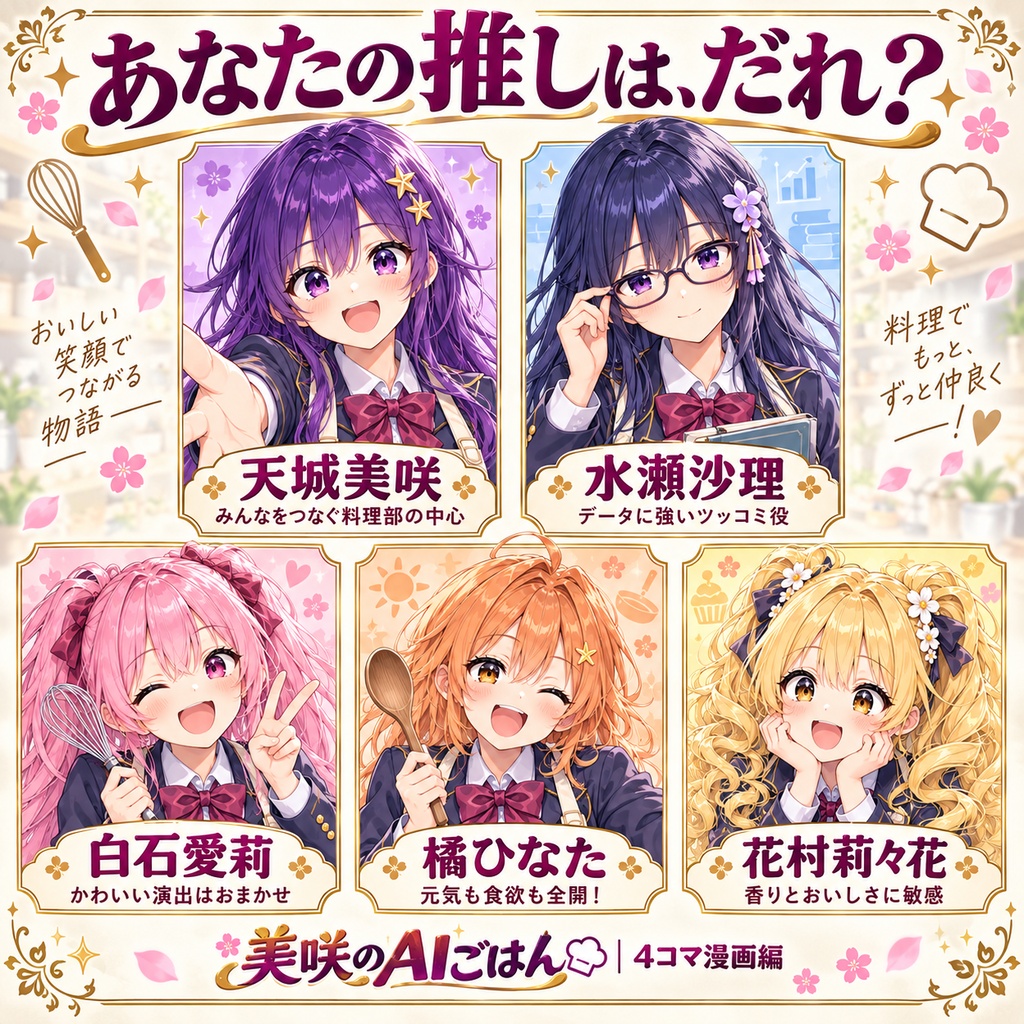 【全97ページ・フルカラーPDF】美咲のAIごはん 4コマ漫画編|料理部の日常と童話パロディ
