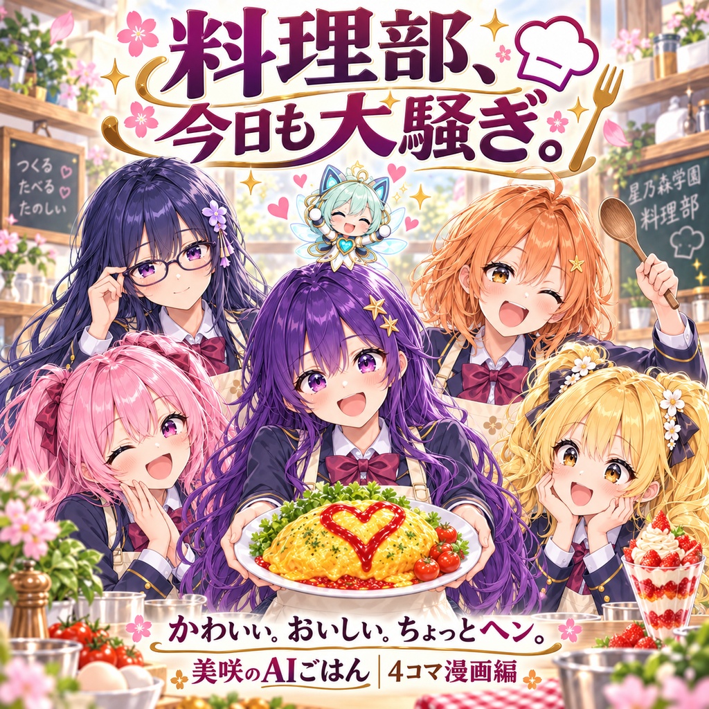 【全97ページ・フルカラーPDF】美咲のAIごはん 4コマ漫画編｜料理部の日常と童話パロディ