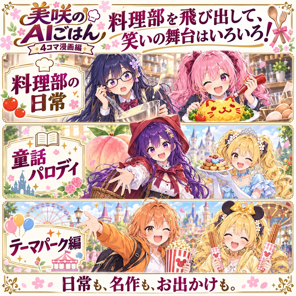 【全97ページ・フルカラーPDF】美咲のAIごはん 4コマ漫画編|料理部の日常と童話パロディ