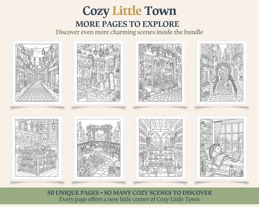Cozy Little Town|大人の塗り絵50枚+ボーナス|印刷用PDF・PNG素材セット