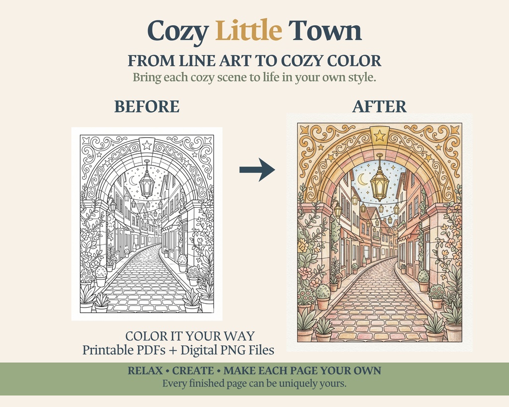 Cozy Little Town|大人の塗り絵50枚+ボーナス|印刷用PDF・PNG素材セット