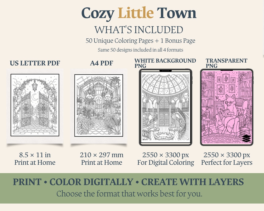 Cozy Little Town|大人の塗り絵50枚+ボーナス|印刷用PDF・PNG素材セット