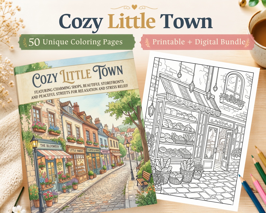 Cozy Little Town｜大人の塗り絵50枚＋ボーナス｜印刷用PDF・PNG素材セット