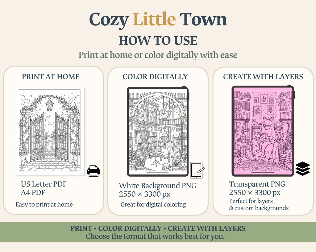 Cozy Little Town|大人の塗り絵50枚+ボーナス|印刷用PDF・PNG素材セット