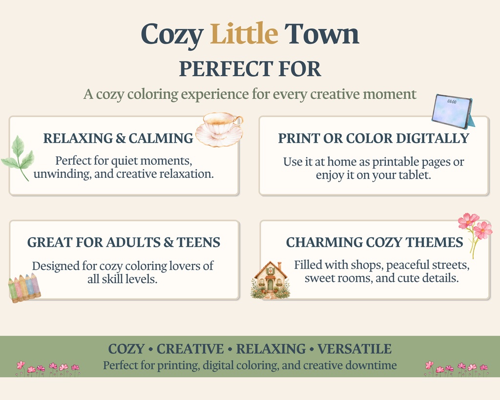 Cozy Little Town|大人の塗り絵50枚+ボーナス|印刷用PDF・PNG素材セット