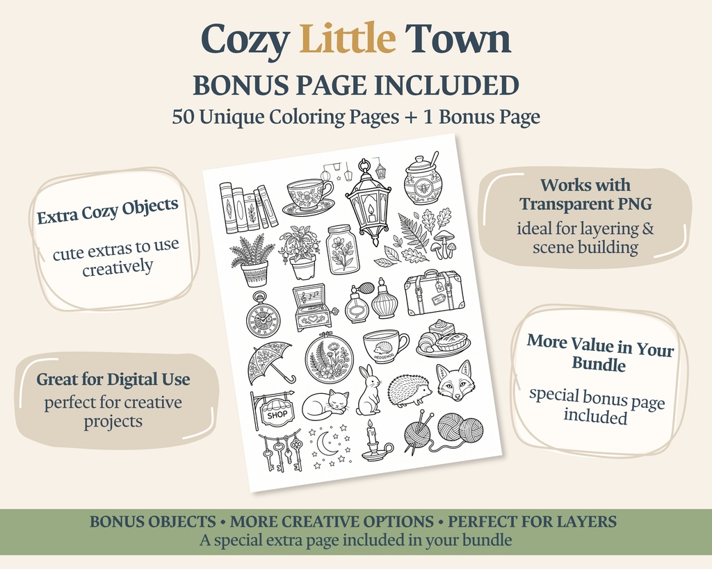 Cozy Little Town|大人の塗り絵50枚+ボーナス|印刷用PDF・PNG素材セット