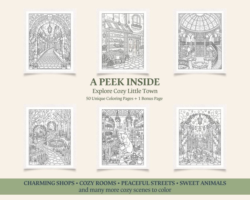 Cozy Little Town|大人の塗り絵50枚+ボーナス|印刷用PDF・PNG素材セット
