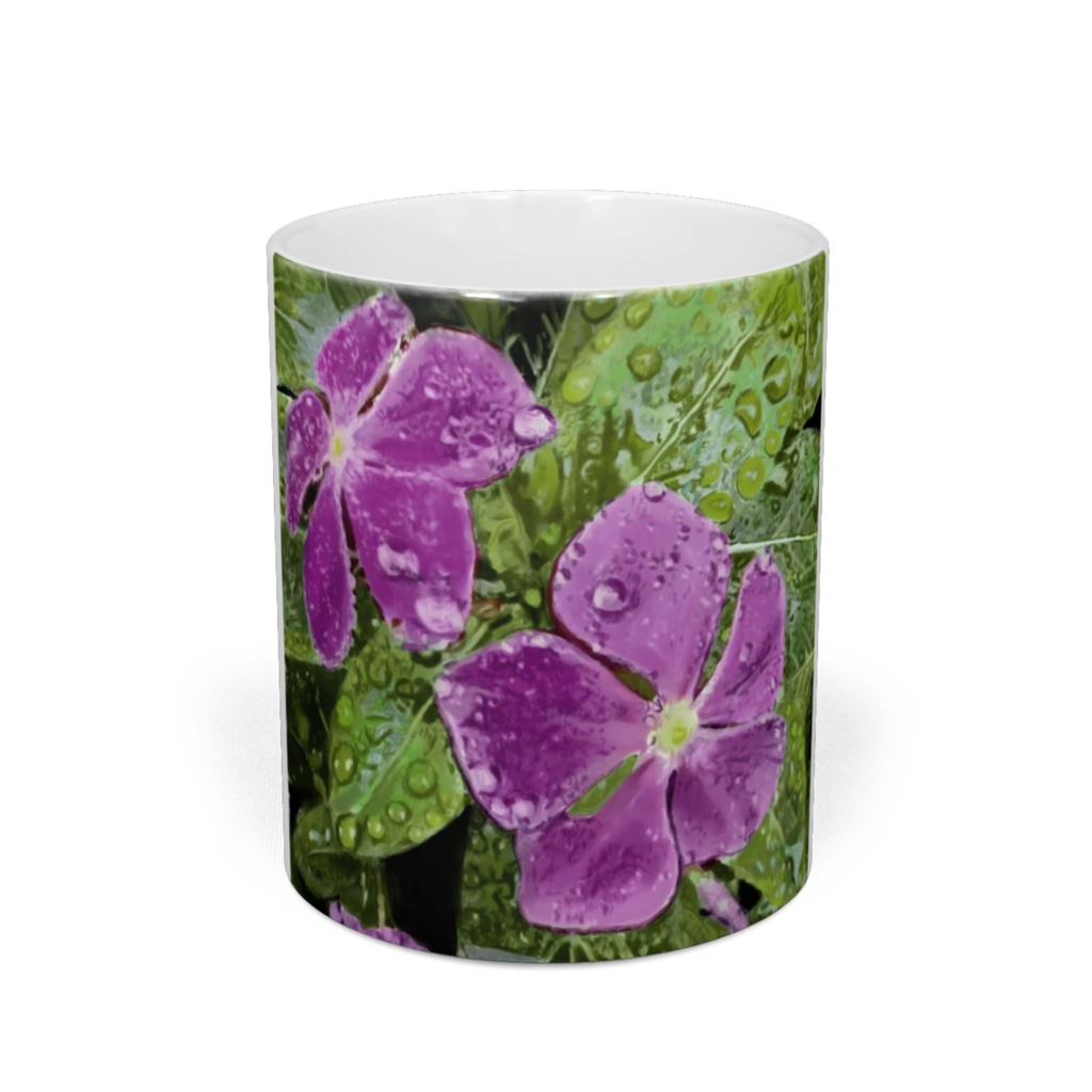 雨に濡れるニチニチソウのマグカップ