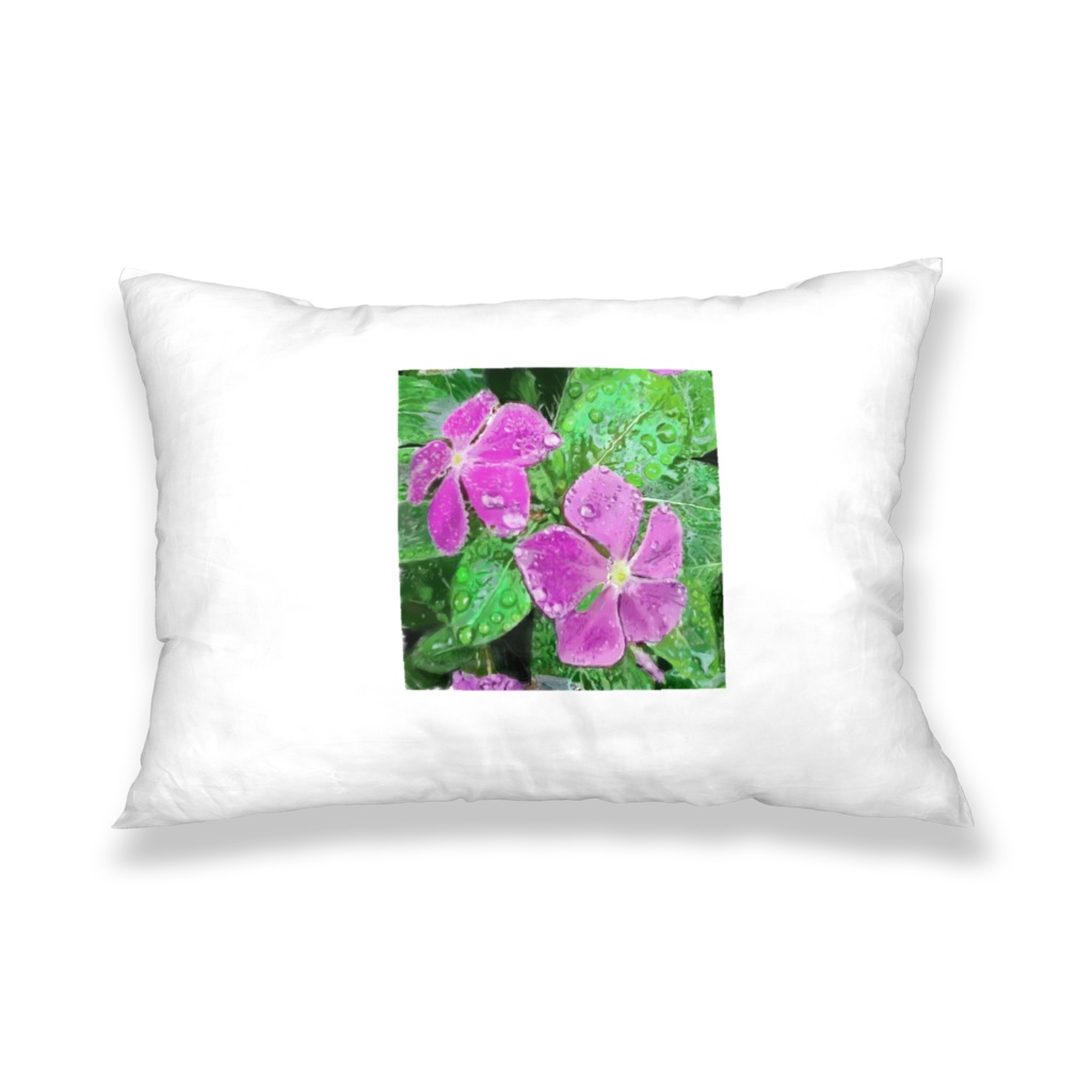 雨に濡れる紫君子欄とニチニチソウの枕カバー