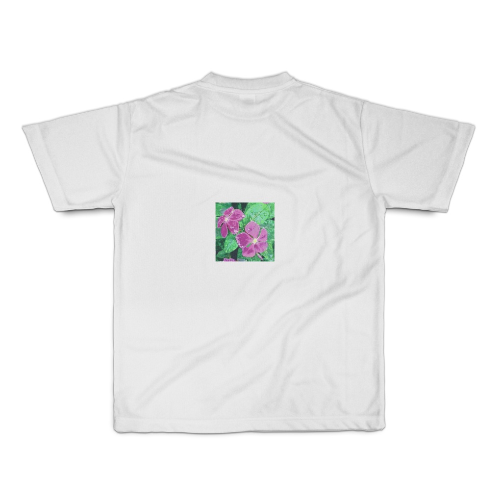雨に濡れる紫君子欄とニチニチソウのフルグラフィックTシャツ - S