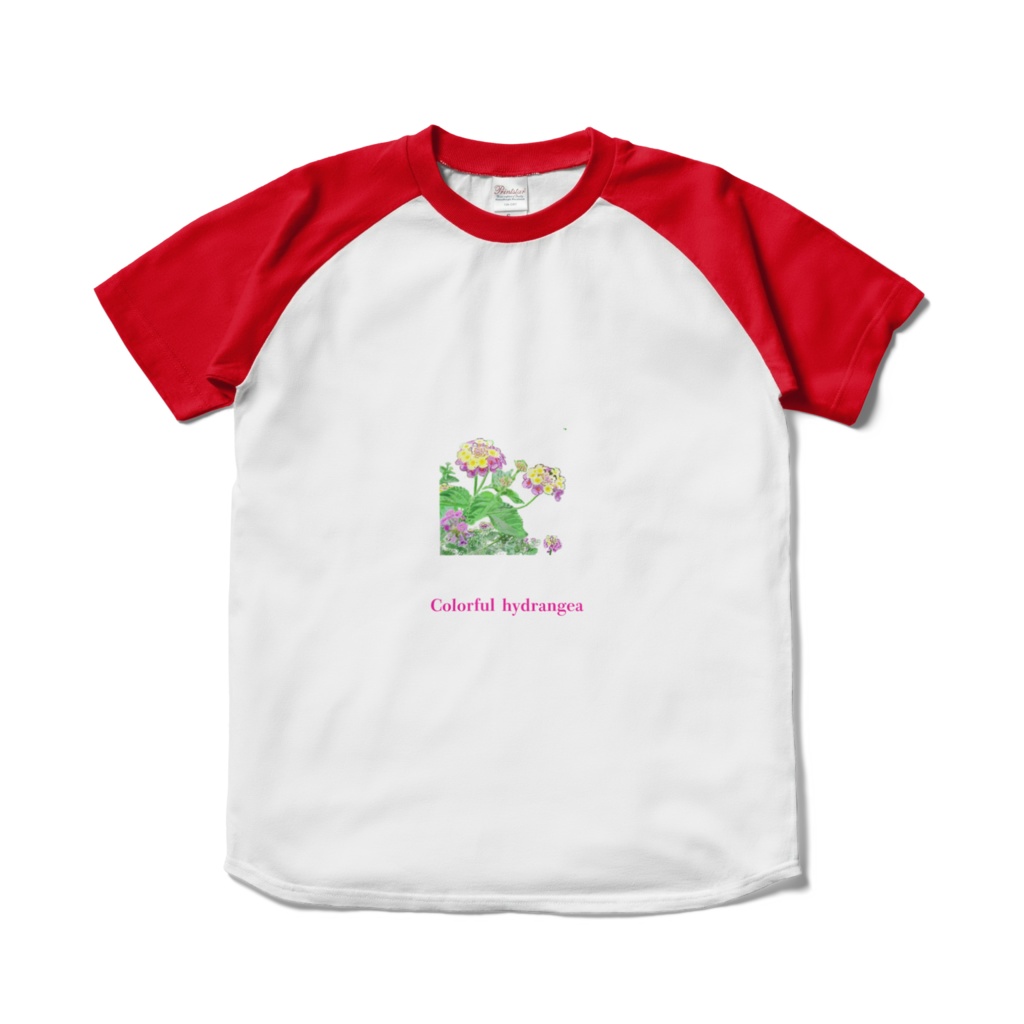 カラフルなアジサイのラグランTシャツ - ホワイト×レッド