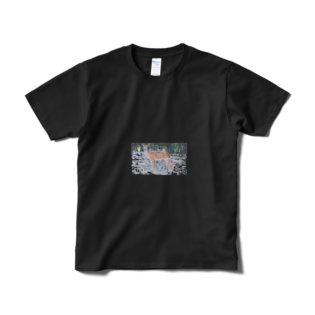 シカの親子のtシャツ―黒