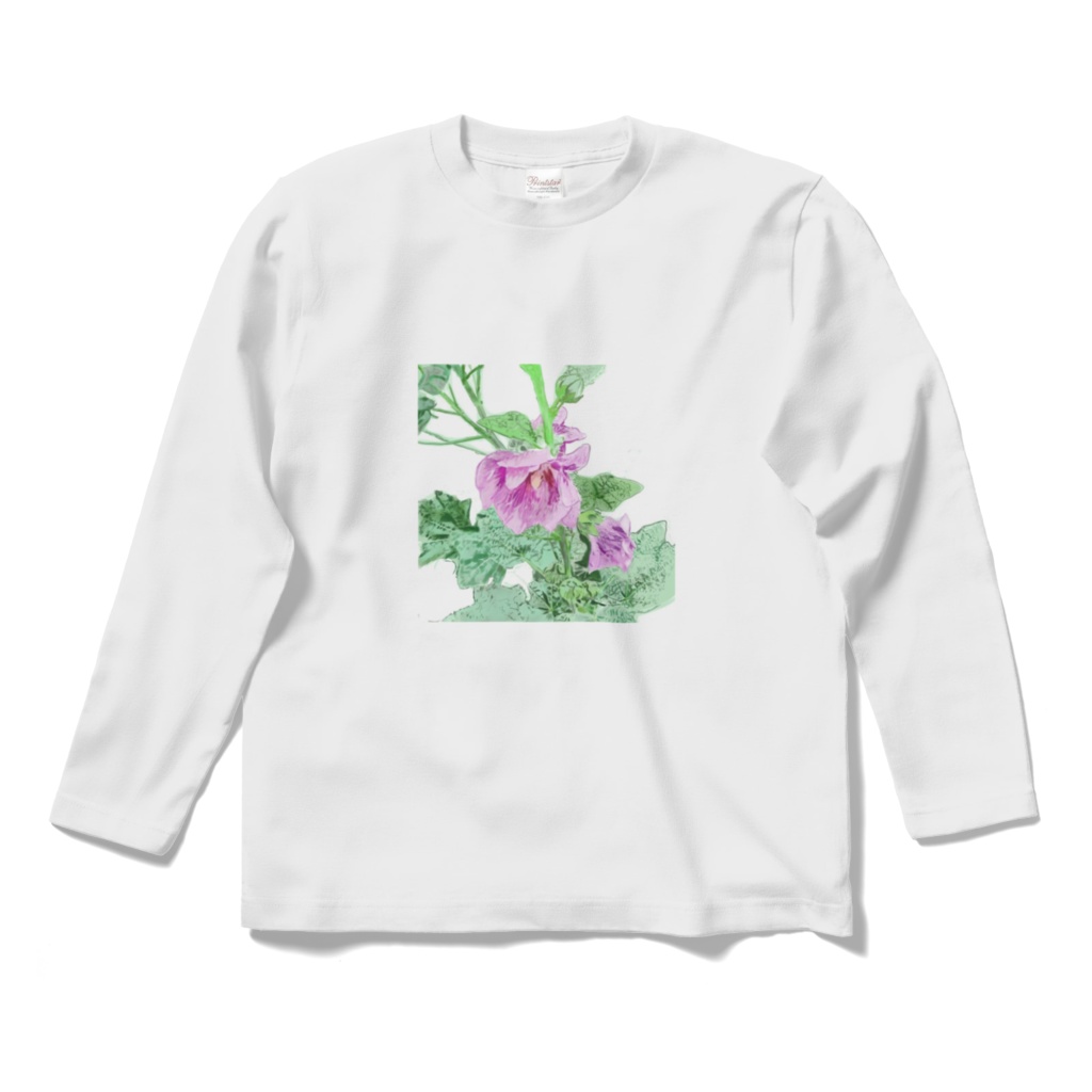  タチアオイ（立葵）のロングスリーブTシャツ - ホワイト