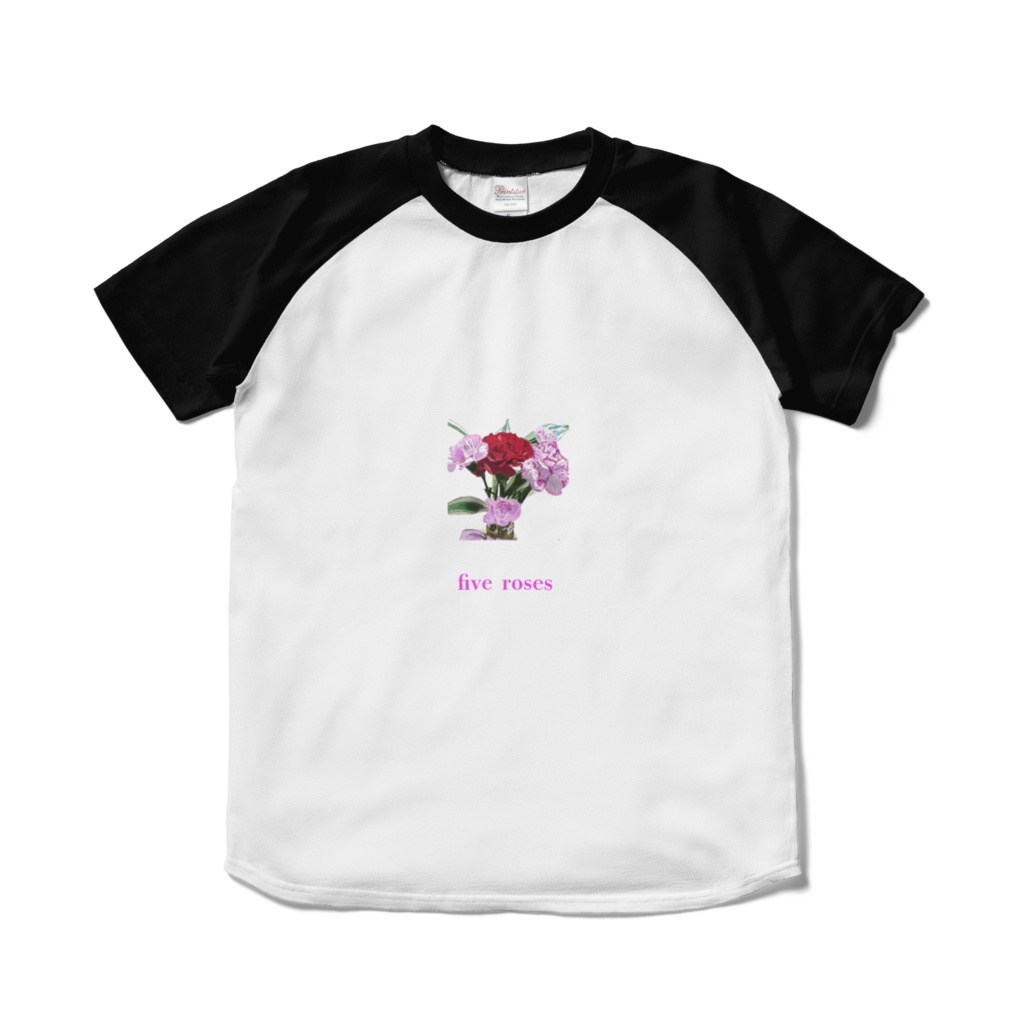 5本のバラのラグランTシャツ - ホワイト×ブラック