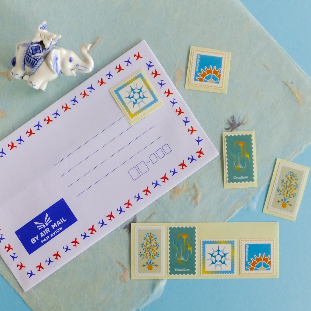 切手風シール en bleu et orange