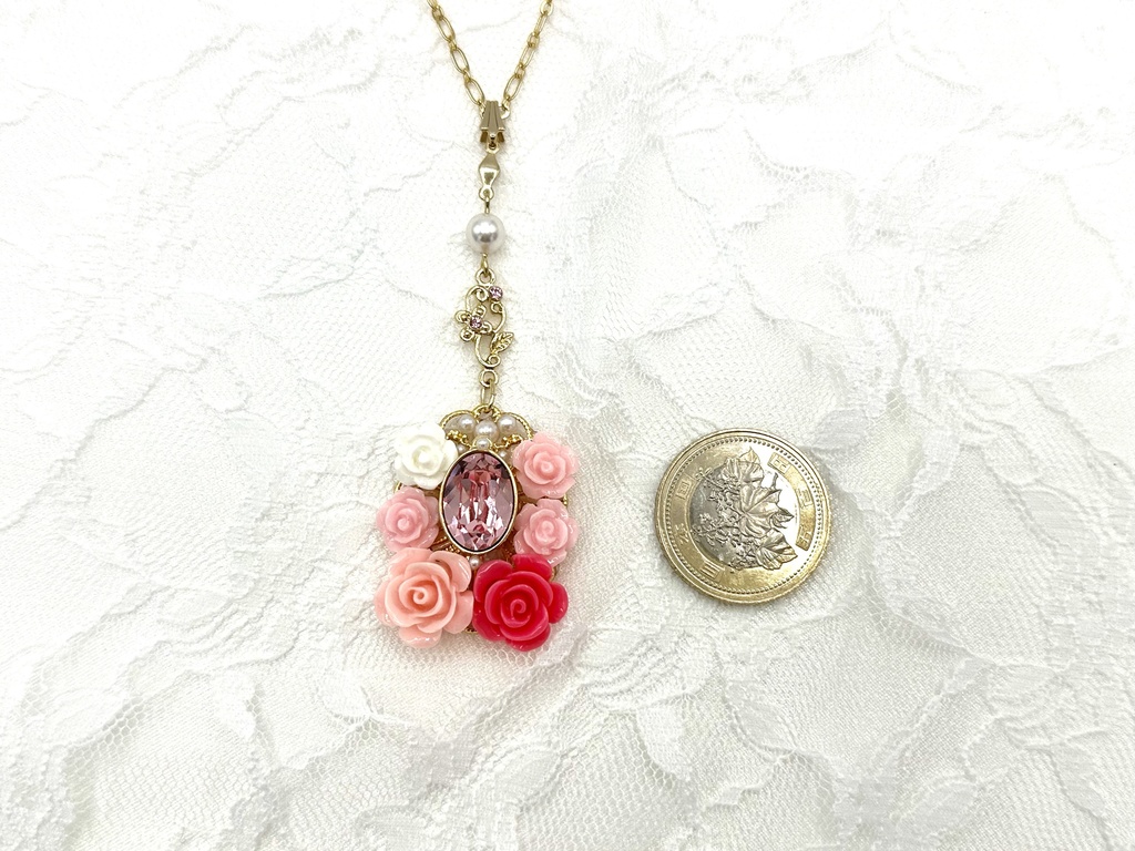 【パーツリユース】ピンクローズのペンダントネックレス