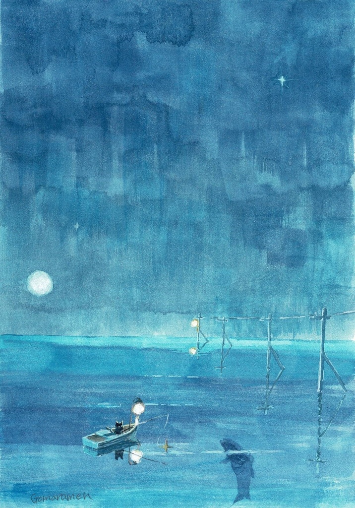 水彩画（原画）「夜釣り」