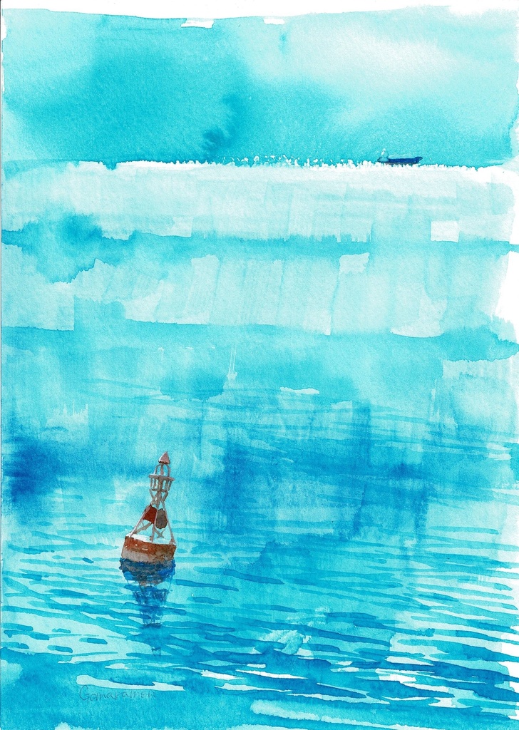 水彩画（原画）「ブイと沖を行く貨物船」
