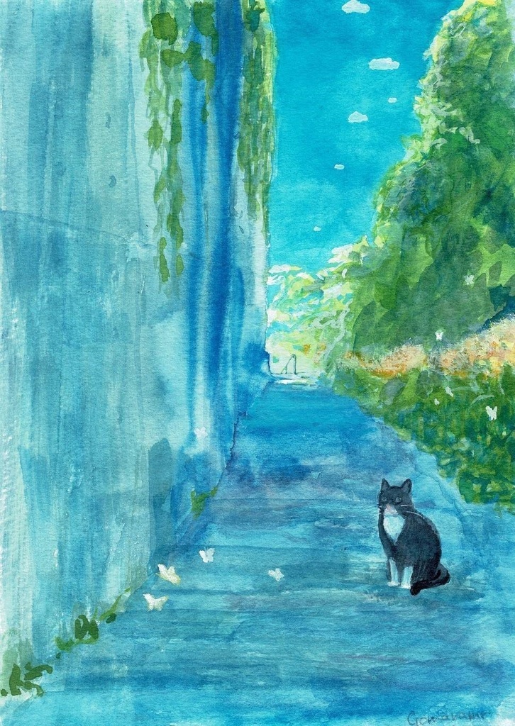 水彩画（原画）「猫とちょうちょ」