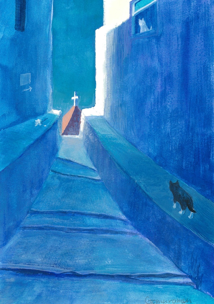 水彩画（原画）「教会の屋根が見える路地」